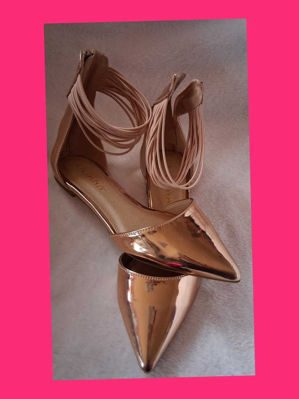 Liliana Metallic Rose Gold Pointed Flats with Strappy Ankle Wraps